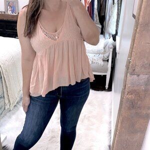 Free People | Peach Lace Boho Blouse | Size Extra Small